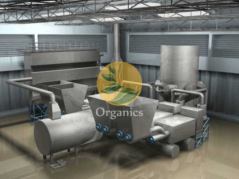 Interior view of a modular thermal treatment unit with feed and reception equipment