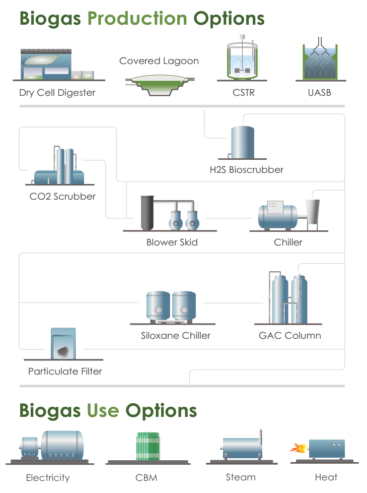 Overview diagram of a complete biogas feed train from digester to end use