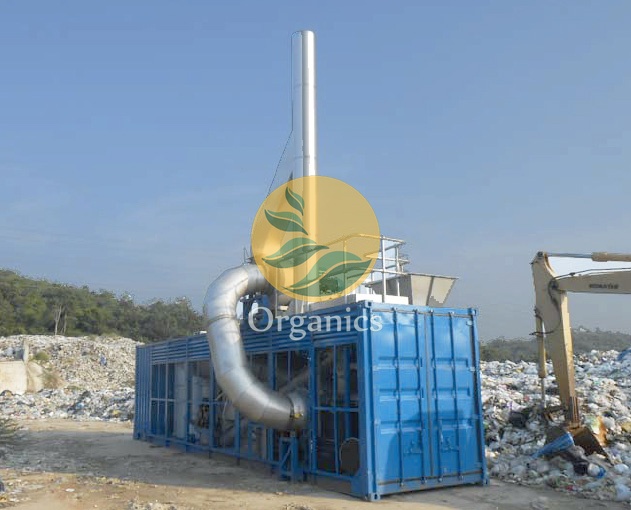 Pyroclast unit mounted in an ISO container at a waste processing site