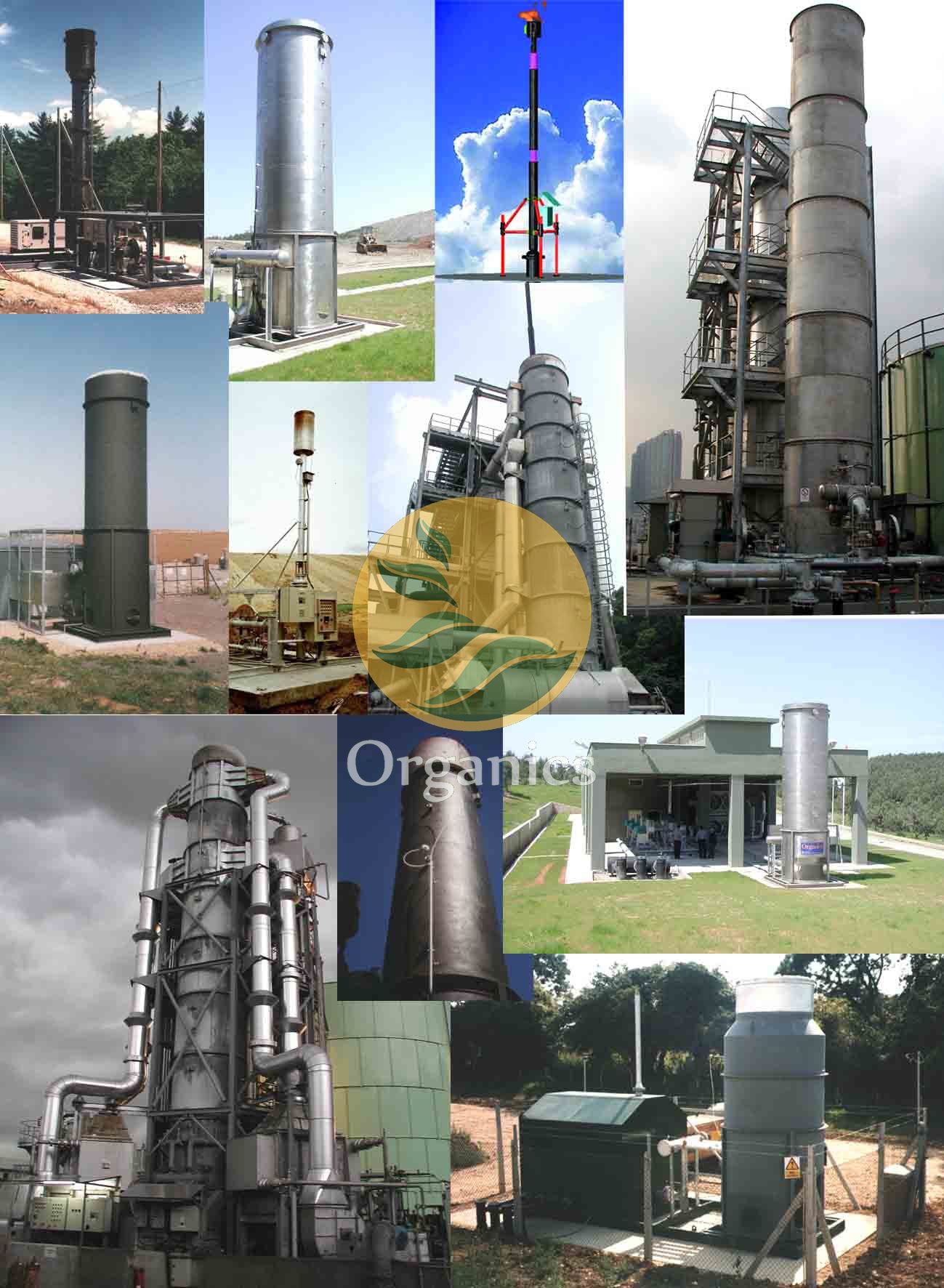 Row of enclosed landfill gas flare stacks installed at a waste management facility